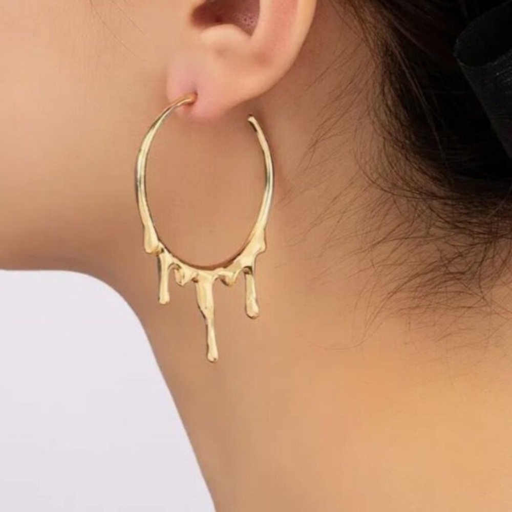 NEW 24k Gold Plated Melting Dripping Hoop Earrings Punk Rock Hoops new